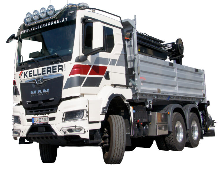 LKW 3-Achs Fahrgestell mit 3-seiten Kipper und abnehmbaren Kran - Kellererbau